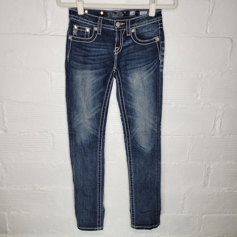 Miss Me Girl's Size 14 Jeans Skinny Fleur De Lis Studded Jewels Embroidered